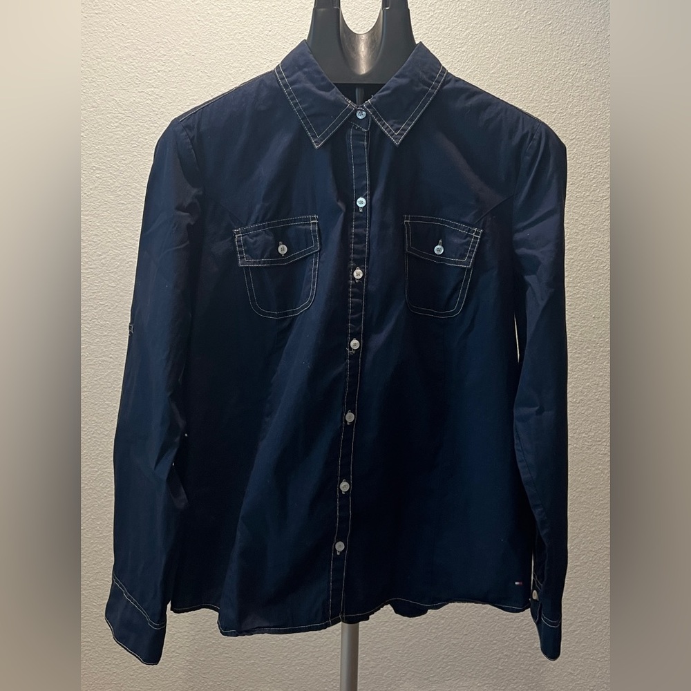 Tommy Hilfiger Women's Dark Navy Blue Button-Down Shirt Size L
